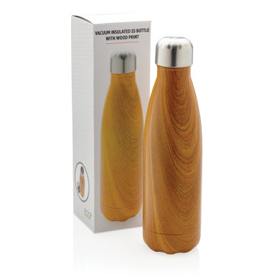 Vacuum insulated stainless steel bottle with wood print