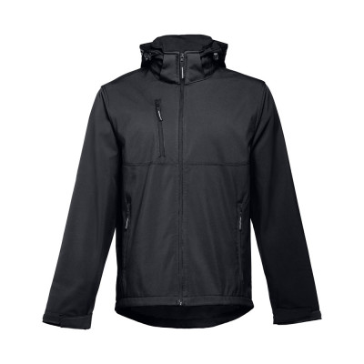 THC ZAGREB. Men's softshell jacket with detachable hood and rounded back hem