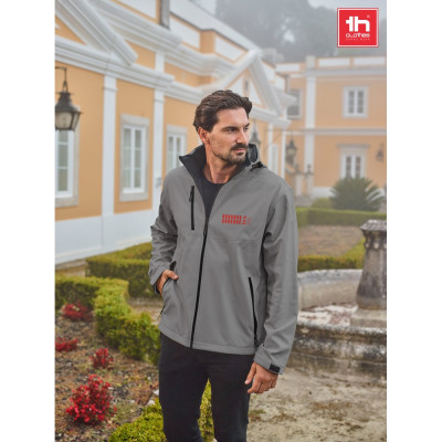 THC ZAGREB. Men's softshell jacket with detachable hood and rounded back hem