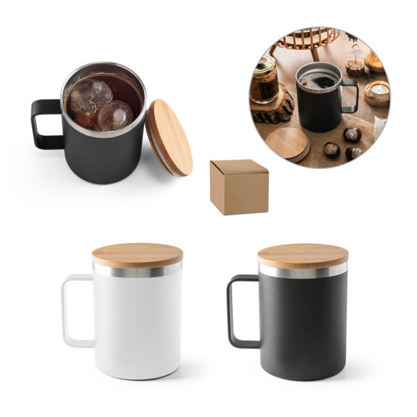 LAUDA. Mug in 90% recycled stainless steel with bamboo lid 420 mL